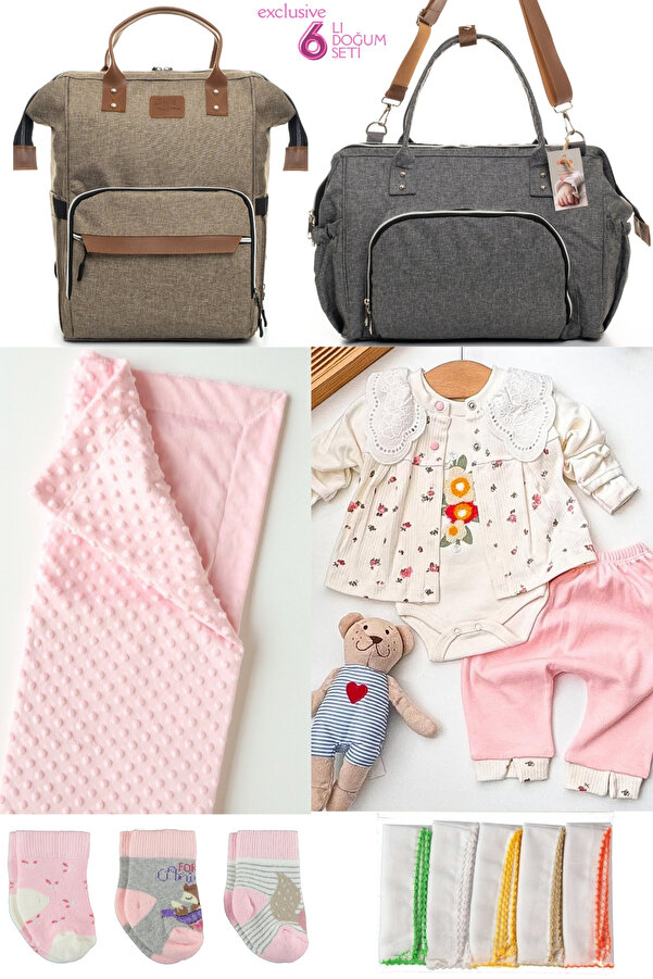 Beyaz Bebek 6’lı Bebek Doğum Seti(HASTANE ÇIKIŞ,ANNE&BEBEK BAKIM OMUZ VE SIRT ÇANTASI,BATTANİYE,ÇORAP VE MENDİL)