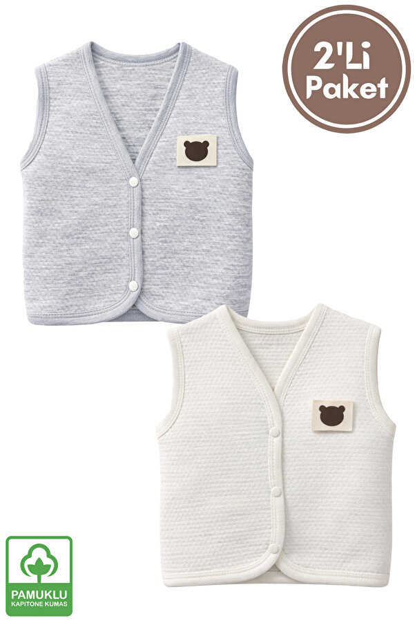 Miniel Unisex Bebek Ayıcık Armalı Organik Pamuklu 3-6-9 Ay 2Li Kapitone Bebek Yelek Set