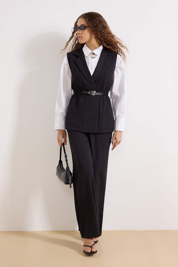 Trendyol Modest Black Beli Belt Pcs Woven Vest Pants Bottom - Top Set Tctss26Us00002