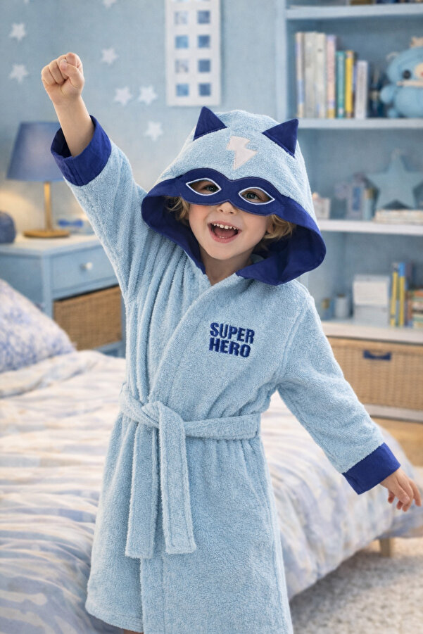 ELY PARKER Kapüşonlu Çocuk Bornoz Pamuklu Erkek Bebek Çocuk Bornozu Süperkahraman Hero Mavi