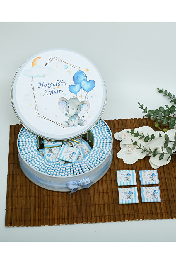 BUGİTO 80 Adet Mavi Balon Tutan Fil Temalı İsme Özel Hoşgeldin Erkek Bebek Doğum Günü Hediyelik Çikolata