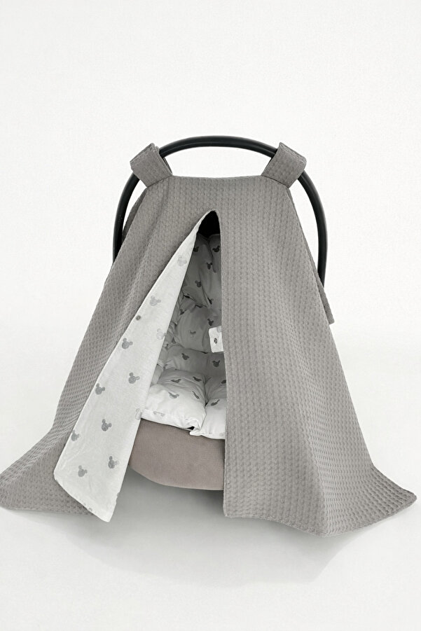 Jaju Baby Puset Örtüsü Ve Puset Minderi Gri Waffle Pike Ve Mickey Desen Tasarım