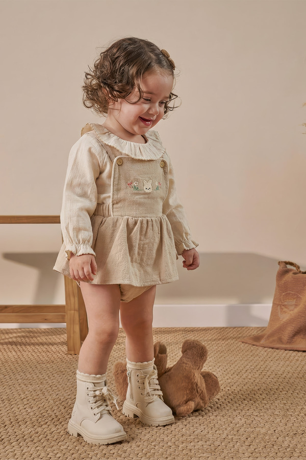 Minipodyum Gömlekli Nakış Detaylı Bayramlık Kız Bebek Salopet Elbise