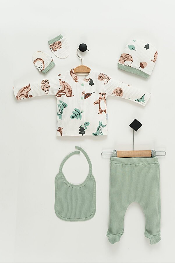 NEU KIDS Hastane Çıkışı 100% Pamuk Ayıcık Baskılı Yenidoğan 5li Set Bebek Kıyafeti