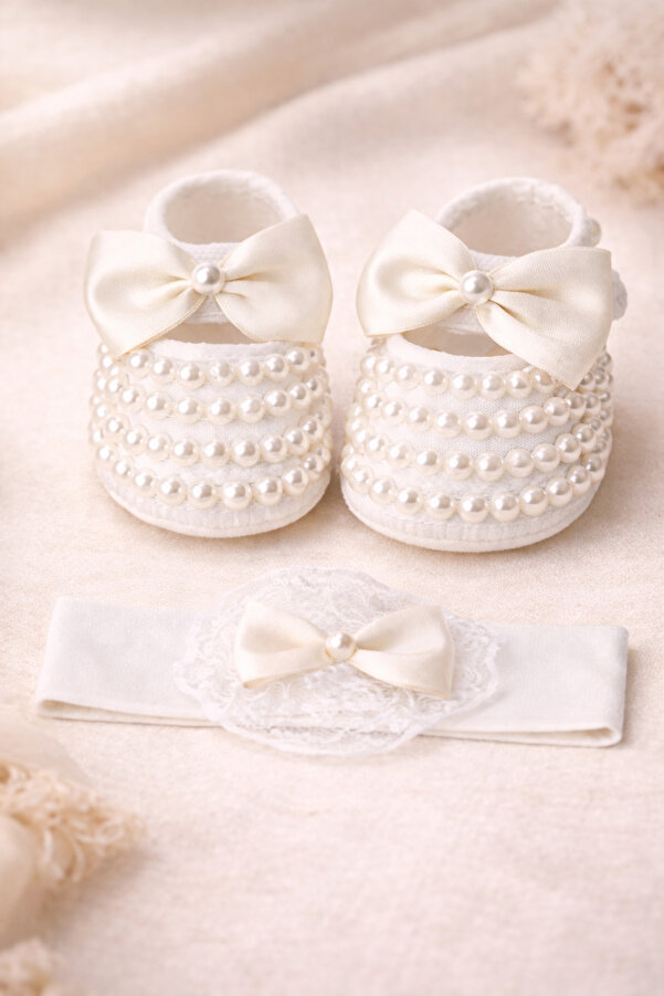 sarishco Kız Bebek Fiyonk Detaylı Parlak Incili Ayakkabı Patik - Saç Bandı Set Bebek Hediyelik (10 cm)