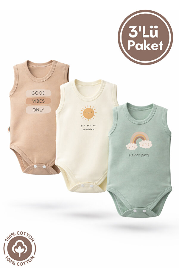 miniel organic Unisex %100 Organik Pamuklu Good Vibes Baskılı 3-6-9-12 Ay 3Lü Kolsuz Atlet Bebek Body Zıbın