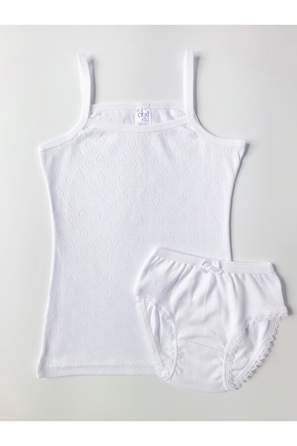 ÇebiKids Kız Çocuk %100 Pamuk Beyaz Jakarlı Atlet-Slip Külot Takım
