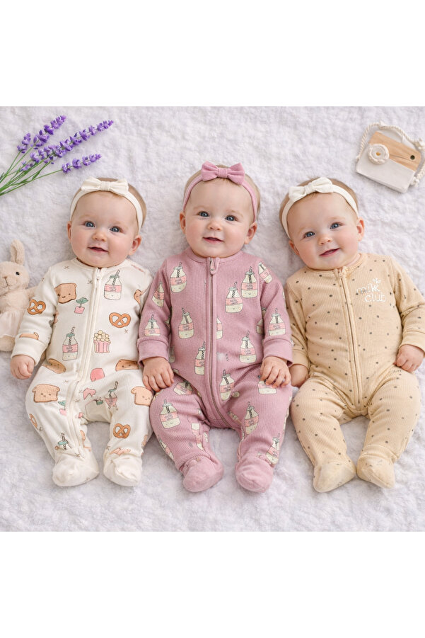 UmBaby 0–3 Ay Yenidoğan Kız Erkek Bebekler İçin 3’lü Patikli Fermuarlı Tulum Seti – %100 Pamuk