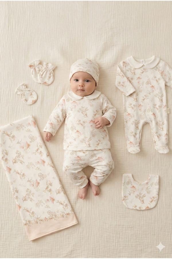 ZEYNUKO KIZ BEBEK HAYAL ORMANI BASKILI %100 PAMUK 8'Lİ YENİDOĞAN HASTANE ÇIKIŞI ZIBIN SETİ KUTULU