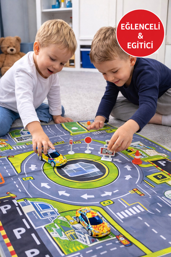 MEDUSHOP Çek Bırak Arabalı Oyun Halısı Seti Trafik Şehir Desenli Çocuk Oyun Matı 3 Araba