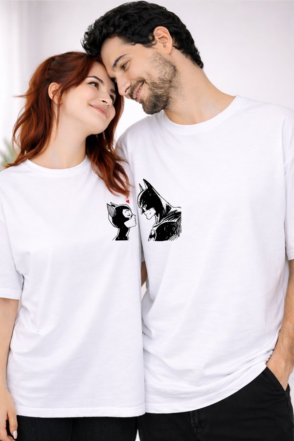 FANA Batman Cat Woman Silhouette Printed Pair T-Shirt Set Loose Fit Cotton Oversized