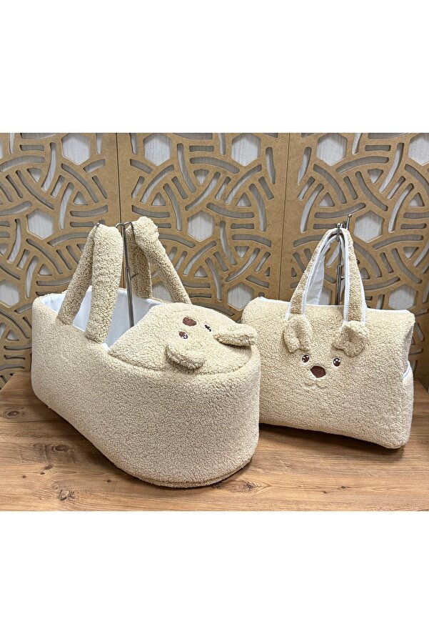 Mini Chics Peluş Kumaş Ayı Nakışlı Bebek Taşıma Çanta & Anne Çanta