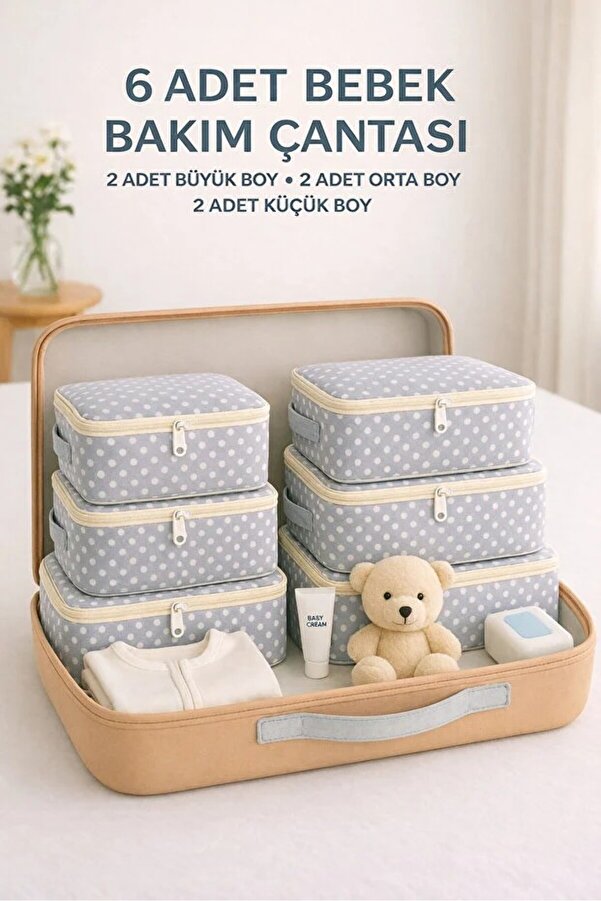 Serstil 6 Parça Doğum/Hastane Çıkış Çantası – Bebek Bakım Hurç ve Çanta Seti - Gri Benekli