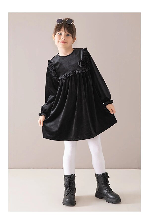 Ege Bebek Kız Çocuk 4-5-6-7-8 Yaş Mevsimlik Gül Detaylı Kadife Elbise, Bayramlık Elbise R2428