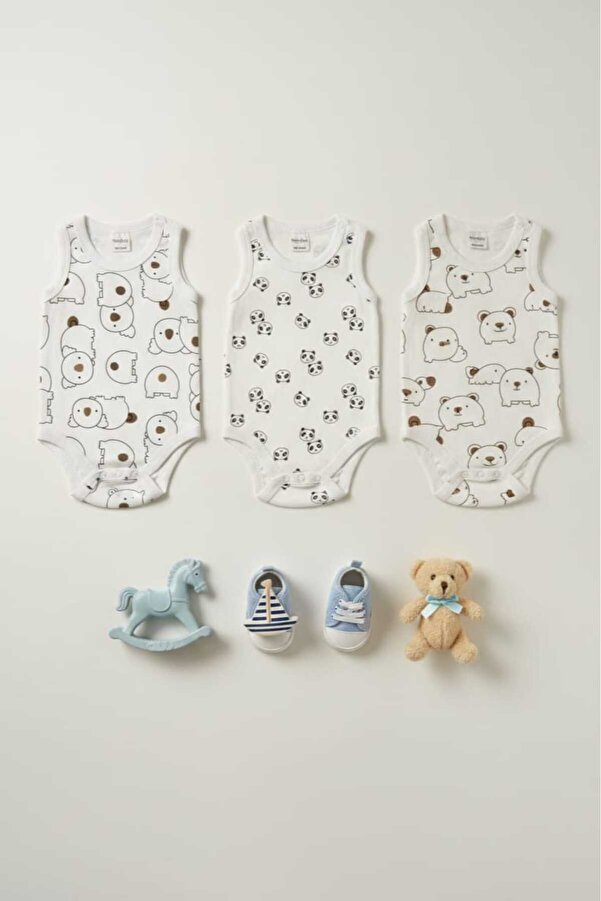 Fuar Baby 3'lü Paket %100 Pamuklu Çok Renkli Desenli Erkek Bebek Zıbın Body - Yazlık Atlet Kesim