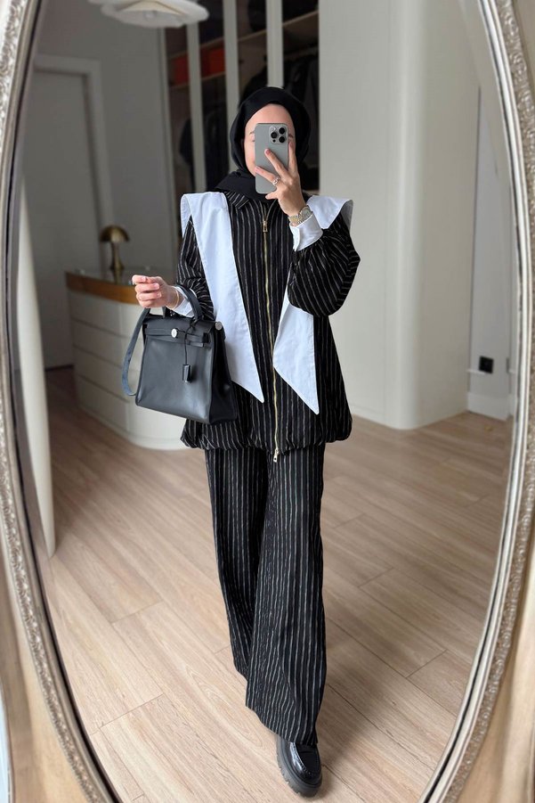Ka Hijab Striped Suit with Scarf Detail - Black