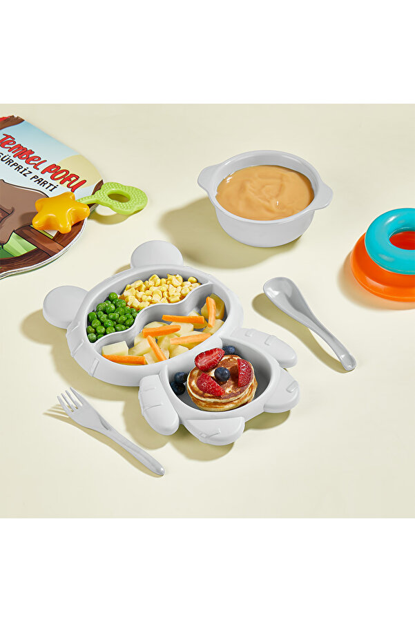 YAZICI Ayıcık Şekilli 3 Bölmeli 4 Parça Bebek & Çocuk Mama Seti – Mama Tabağı ve Çorba Kasesi Beslenme Kabı