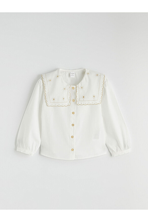LC Waikiki Elsiva Collection Ekru Çiçek Nakışlı Kız Çocuk Poplin Gömlek