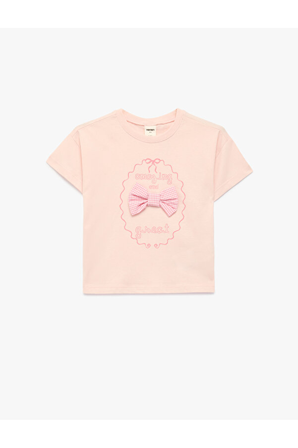 Koton Kısa Kollu Bisiklet Yaka Fiyonklu Pamuklu Tişört