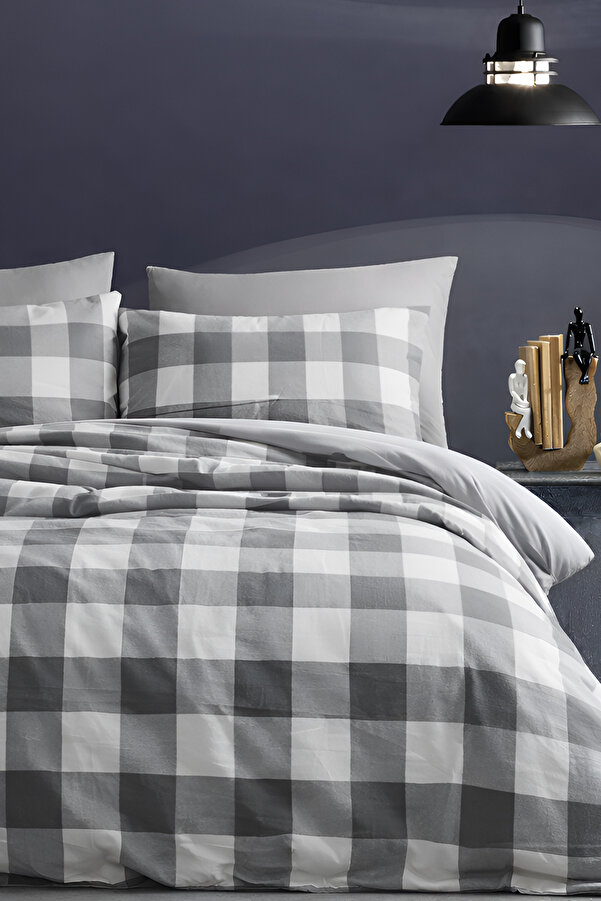 İQON Lastikli Çarşaflı Nevresim Takımı Tek Kişilik Pötikare Büyük Grey