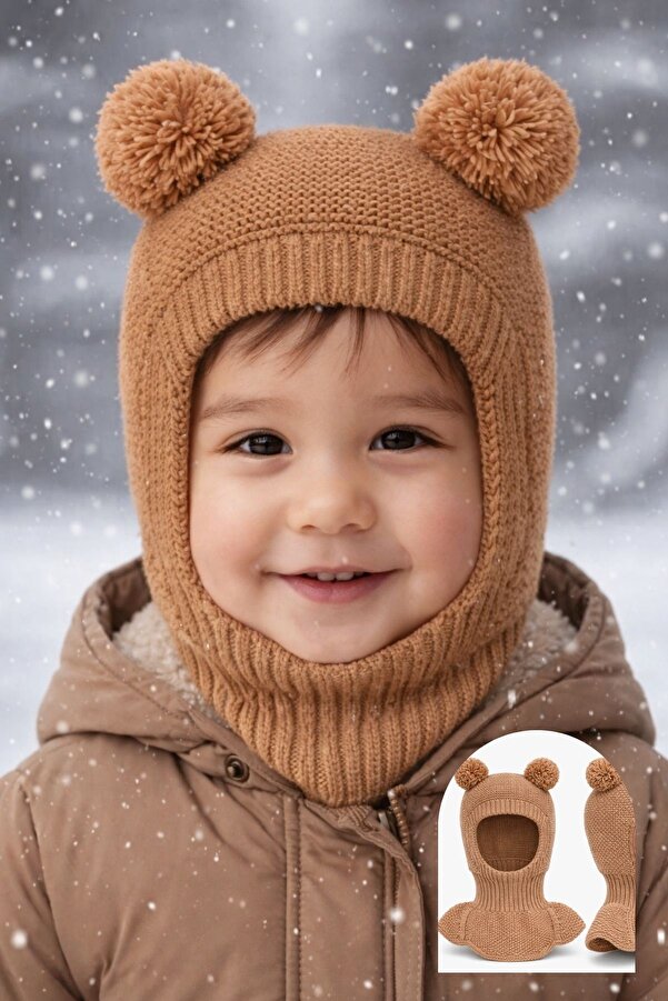 Minytrendy Kız Erkek Bebek Çocuk Omuzlu Triko Balaklava Bere Kar Maskesi Ponponlu Bere