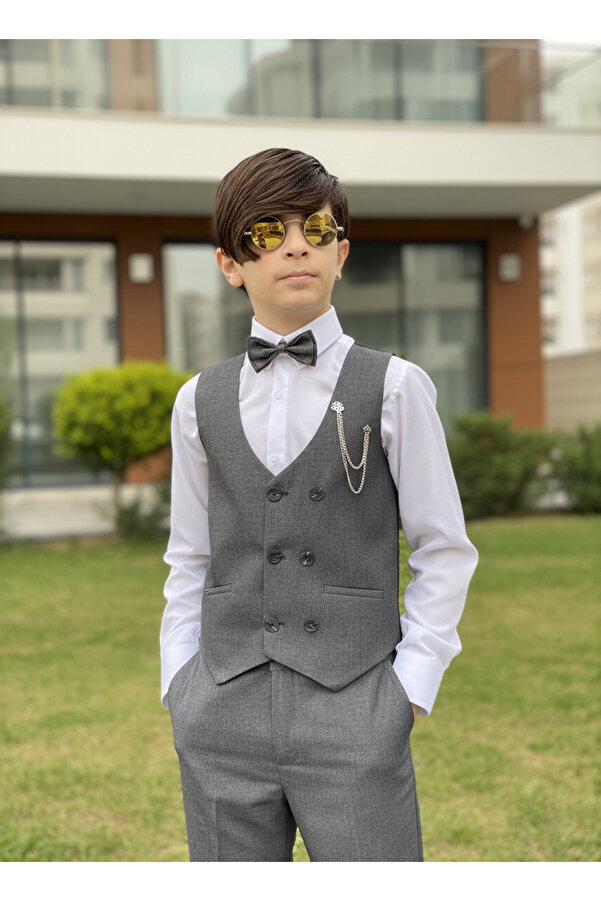 WENA KİDS Çocuk Yelekli Takım Elbise Gömlekli Set MELANJ FÜME