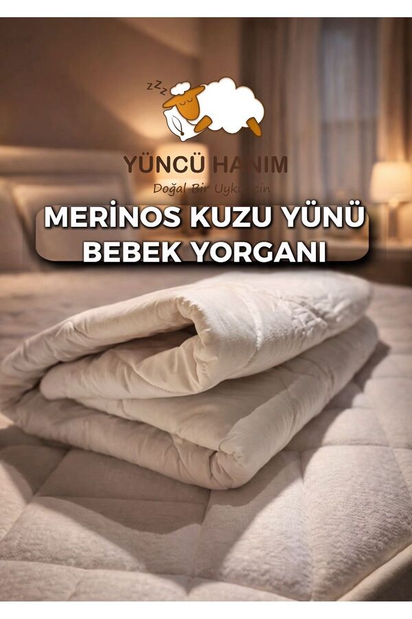 Yüncü Hanım %100 Merinos Kuzu Yünü Dolgulu Bebek Yorganı 95x145 cm+ Yün Dolgu Bebek Yastığı Hediyeli