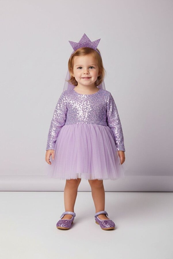 Le Mabelle Lila Pullu Uzun Kollu Kız Bebek Elbise - Berry