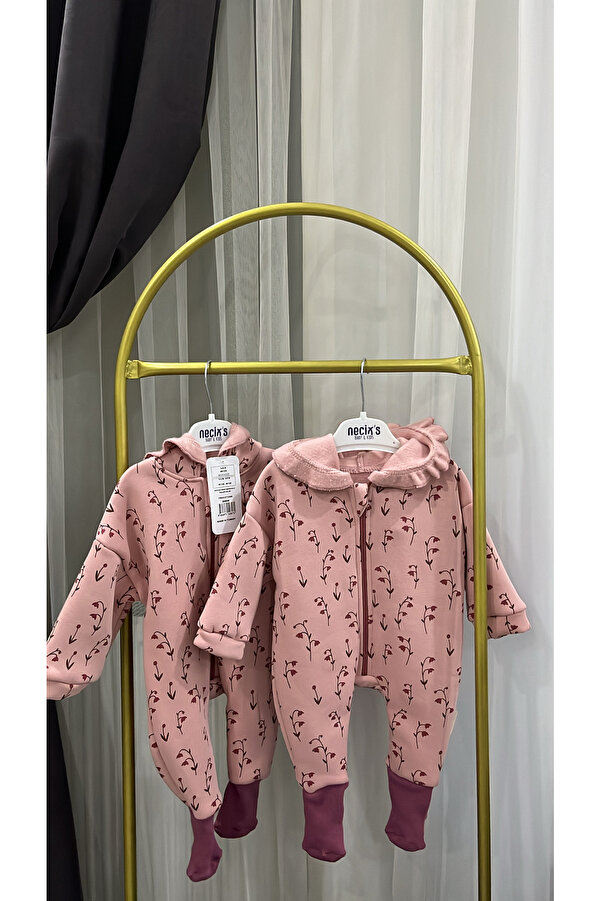 MODA Kız Bebek Polar Tulum Kapüşonlu Ayaklı Fermuarlı Kışlık Pembe