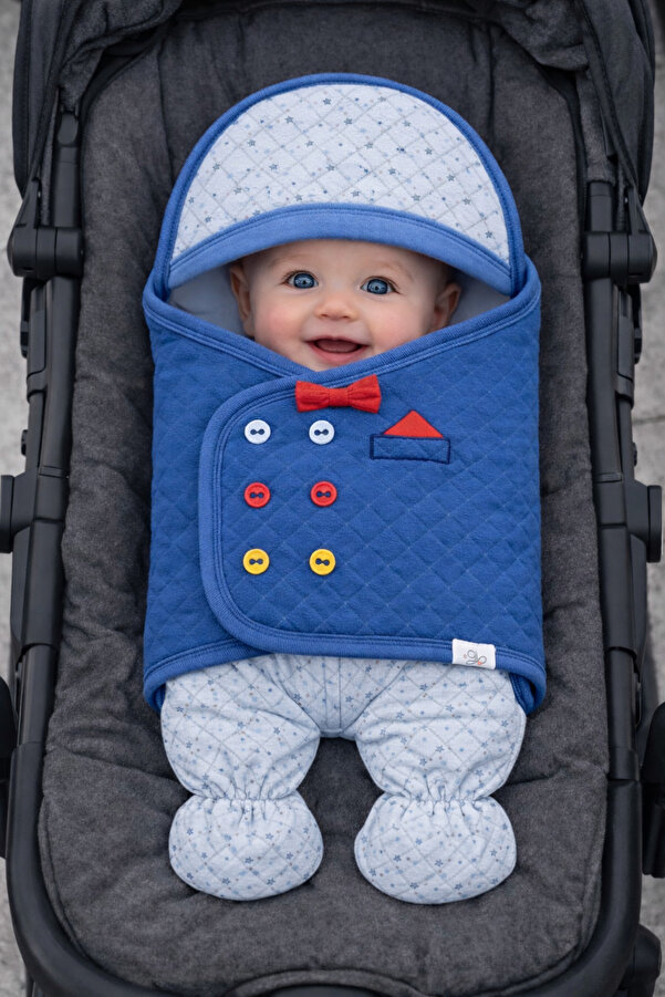 Tomuycuk %100 Pamuklu Mavi Erkek Bebek Kundak Battaniyesi Kapüşonlu Ayaklı Yenidoğan Puset Kundağı
