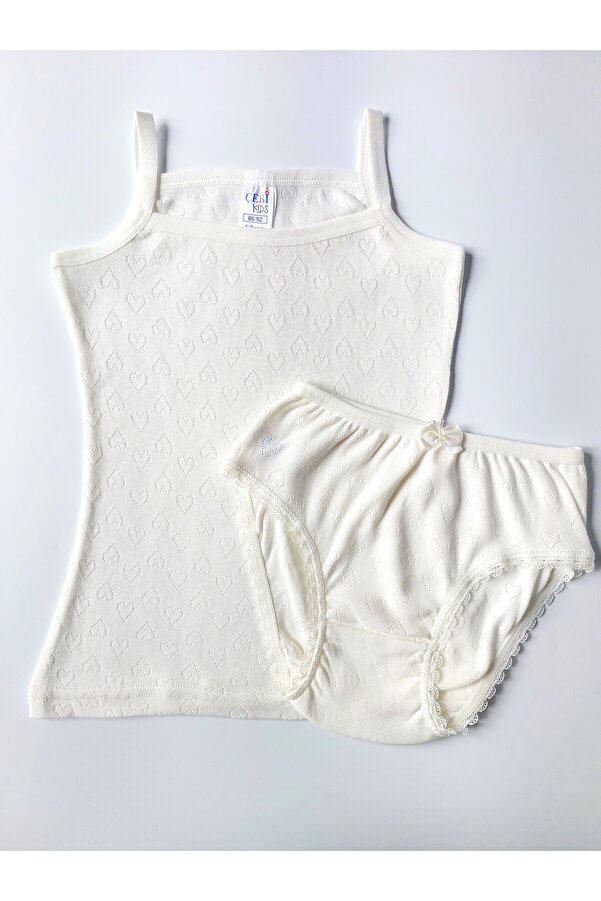 ÇebiKids Kız Çocuk %100 Pamuk Beyaz Jakarlı Atlet-Slip Külot Takım