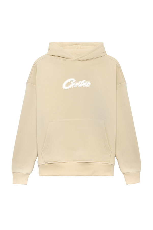 Unisex Corteiz Baskılı Oversize Bol Kesim Pamuklu 3 İplik Şardonlu Bej Kapüşonlu Sweatshirt