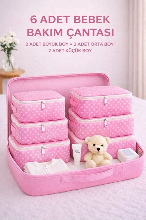 Serstil 6 Parça Doğum/Hastane Çıkış Çantası – Bebek Bakım Hurç ve Çanta Seti - Pembe Benekli
