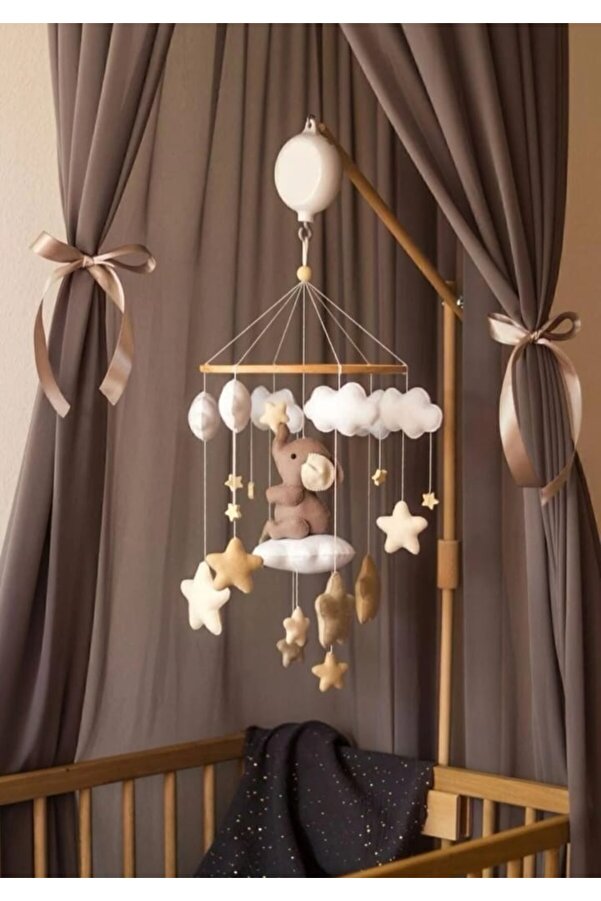 keçedekorr Bulut Üstünde Fil figürlü el Yapımı keçe bebek dönencesi,bebek odası aksesuarları