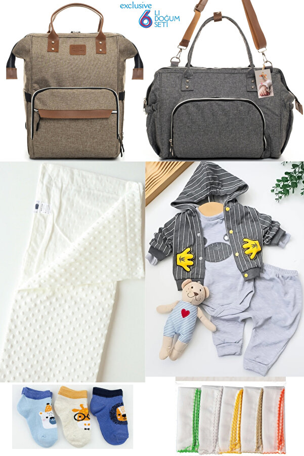 Beyaz Bebek 6’lı Bebek Doğum Seti(HASTANE ÇIKIŞ,ANNE&BEBEK BAKIM OMUZ VE SIRT ÇANTASI,BATTANİYE,ÇORAP VE MENDİL)