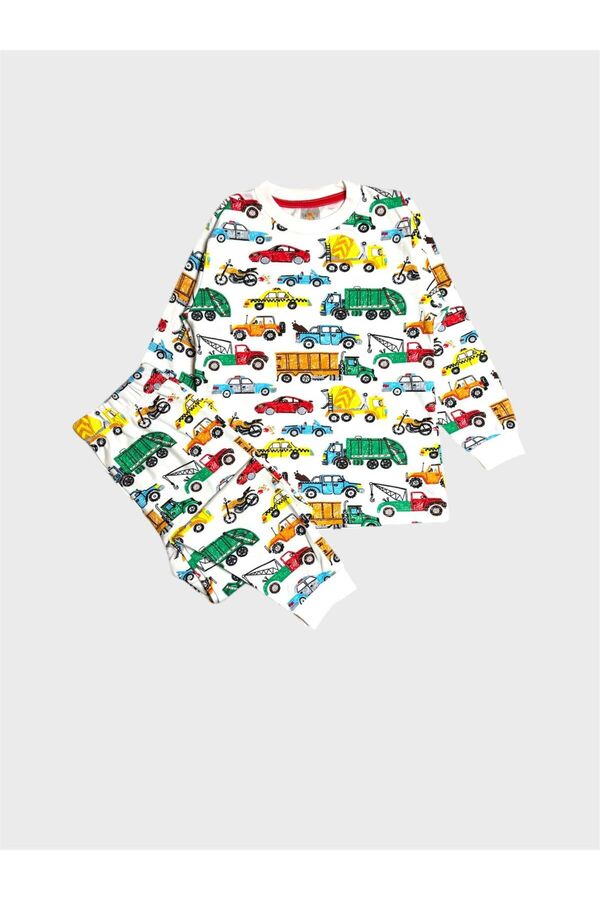 elmas kids Erkek Çocuk %100 Pamuklu Beyaz Araba Kamyon Motor Desenli Uzun Kollu Pijama Takımı
