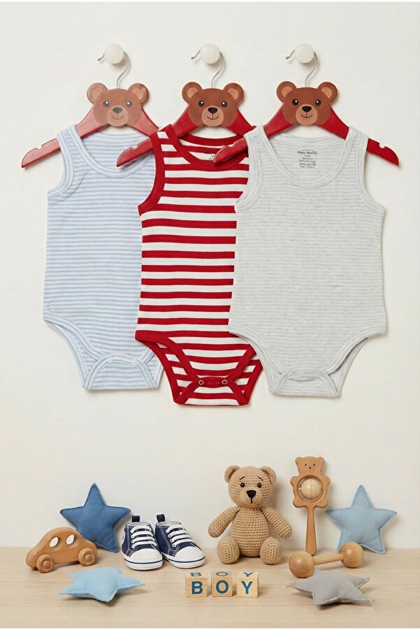 Fuar Baby Erkek Bebek 3'lü Paket %100 Pamuk Çizgili Askılı Atlet Body Zıbın Seti - Terletmeyen Rahat Kalıp