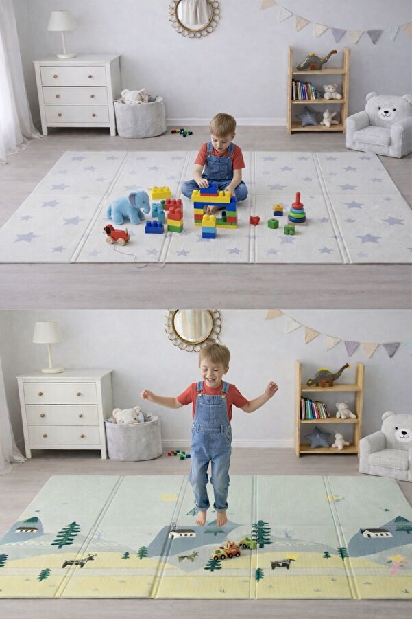 PUREZA Çift Taraflı Katlanabilir Oyun Matı Kaymaz,Darbe Emici,Bebek ve Çocuklar İçin Yerli Üretim 200x130x1