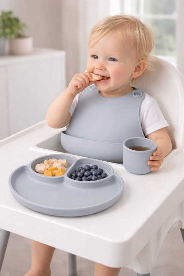 CKM silikon 3Lü Bebek Beslenme Seti Antrasit Gri ( Mama tabağı, Bardak, Önlük)