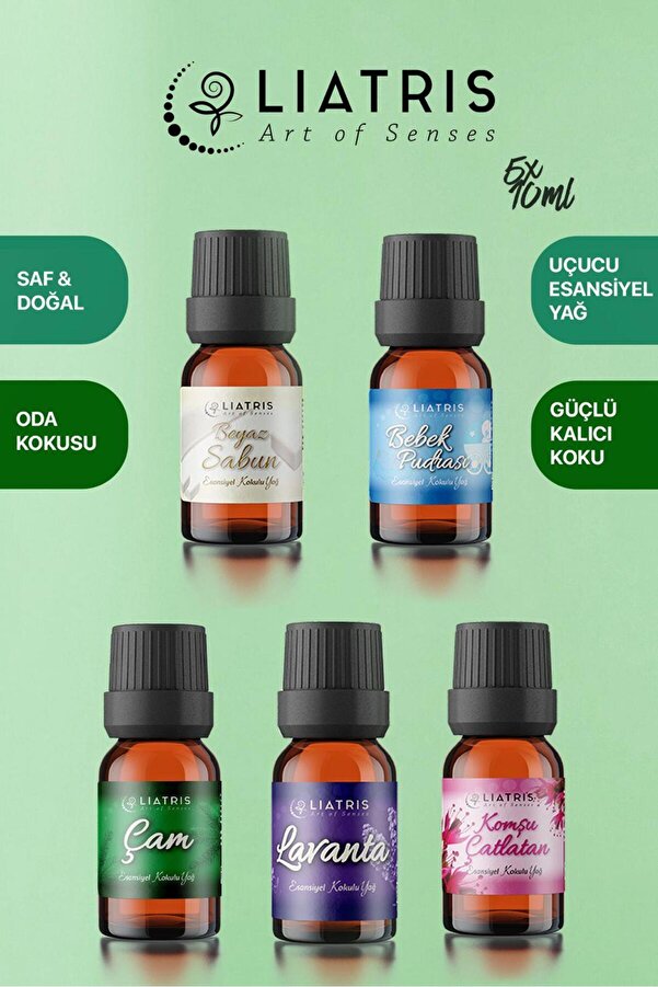 liatris LAVANTA-BEYAZ SABUN-BEBEK PUDRASI-KOMŞU ÇATLATAN-ÇAM esansiyel uçucu yağ 5*10 ml