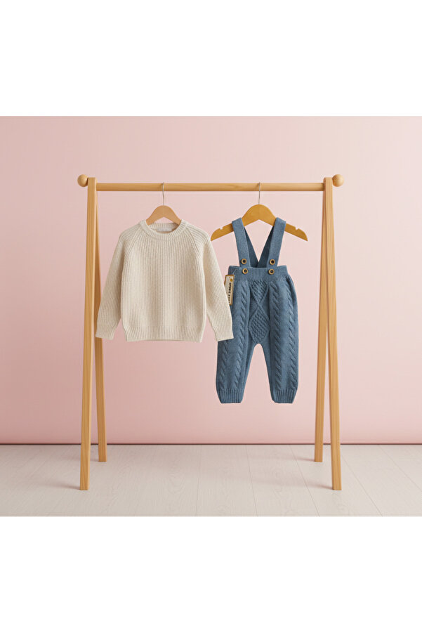 Nimini Kids Triko Kazak & Askılı Örgü Salopet Tulum Unisex Bebek Alt Üst 2li Takım