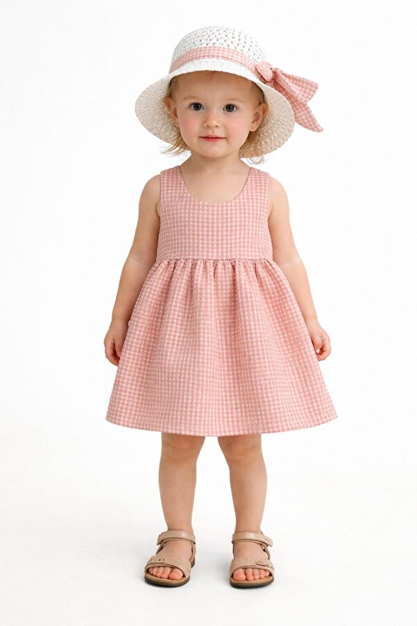 Chicsy Baby Şapkalı Pötikare Desenli Fiyonklu Esnek Kız Bebek Elbisesi