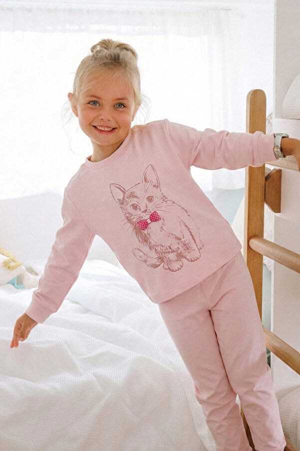 Cigit Kedi Baskılı Pijama Takım 2-8 Yaş Pudra Pembe