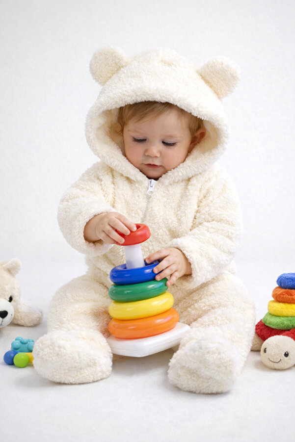 Aressy Welsoft Kapüşonlu Bebek Tulum Patikli Peluş Tulum Teddy Kemik Fermuarlı Uyku Tulum Pramsuit Kozmonot