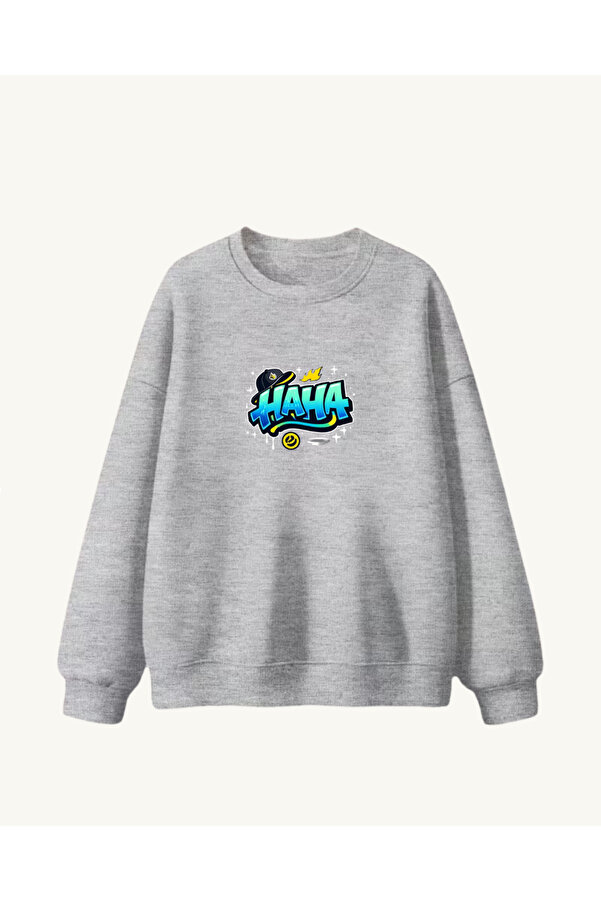 haha Çocuk Baskılı Bisiklet Yaka Kapüşonsuz Sweatshirt