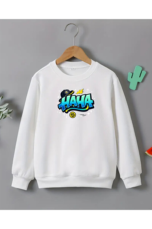 haha Çocuk Baskılı Bisiklet Yaka Kapüşonsuz Sweatshirt