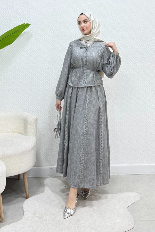 Tesettür Diyarı Natia Lace and Linen Fabric Lined Hijab Set - Dark Grey