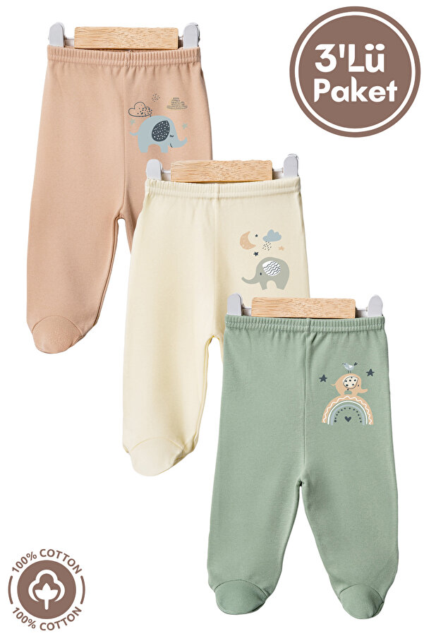 Miniel Unisex Bebek Penye Organik Pamuklu Fil Baskılı 0-6 Ay Patikli Bebek Tek Alt 3'lü Set