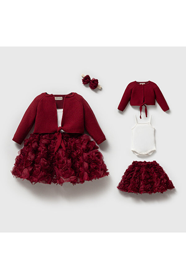 Nipperland Güllü Kız Bebek Elbise Takımı 4’lü – Triko Hırka, İç Badi, Etek ve Saç Bandı