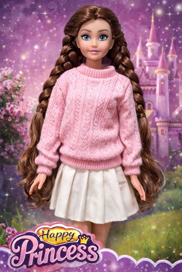 Fidan oyuncak Happy Princess Oyuncak Bebek – 30 cm Örgülü Saçlı, Şık Kazak ve Parlak Etek Kombinli